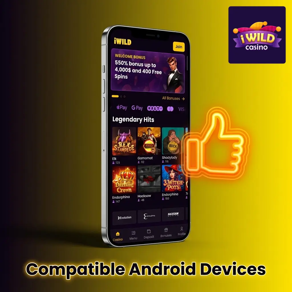 Compatible Android devices for iWild Casino app including Samsung Galaxy, Google Pixel, OnePlus, and Xiaomi models