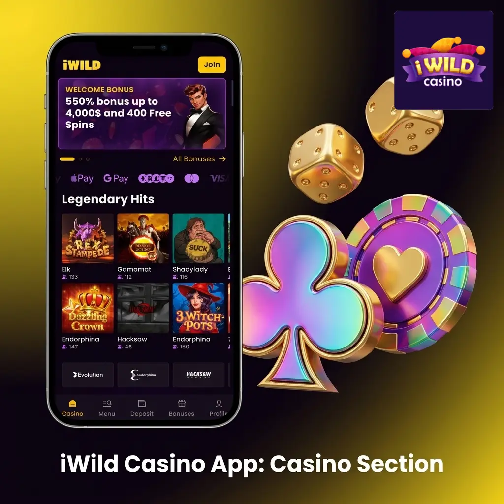 iWild Casino app home screen showing live casino games, slots, and table games from top providers like Evolution and Pragmatic Play