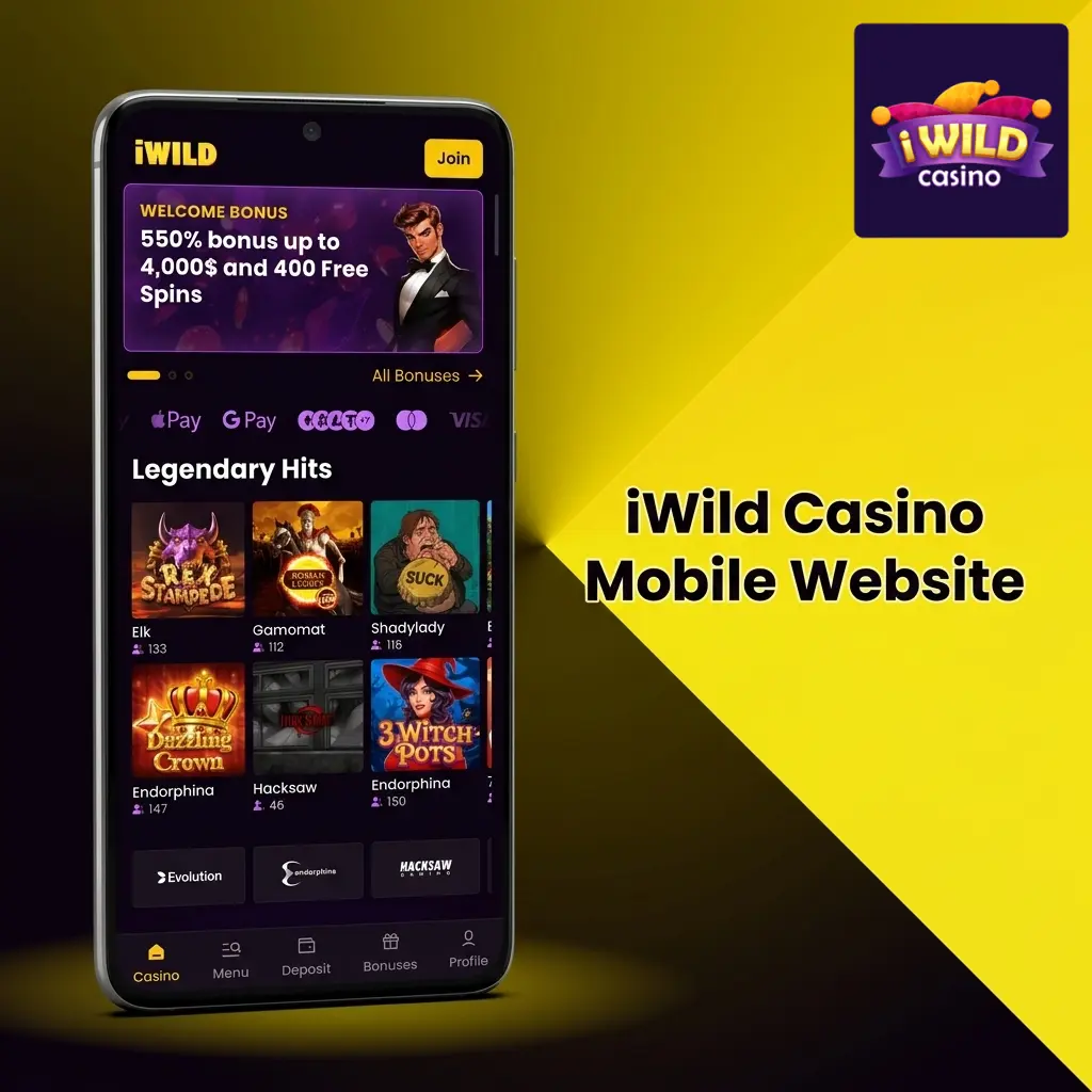 iWild Casino mobile website interface on Android and iOS browsers, showing casino games and sportsbook for UK players