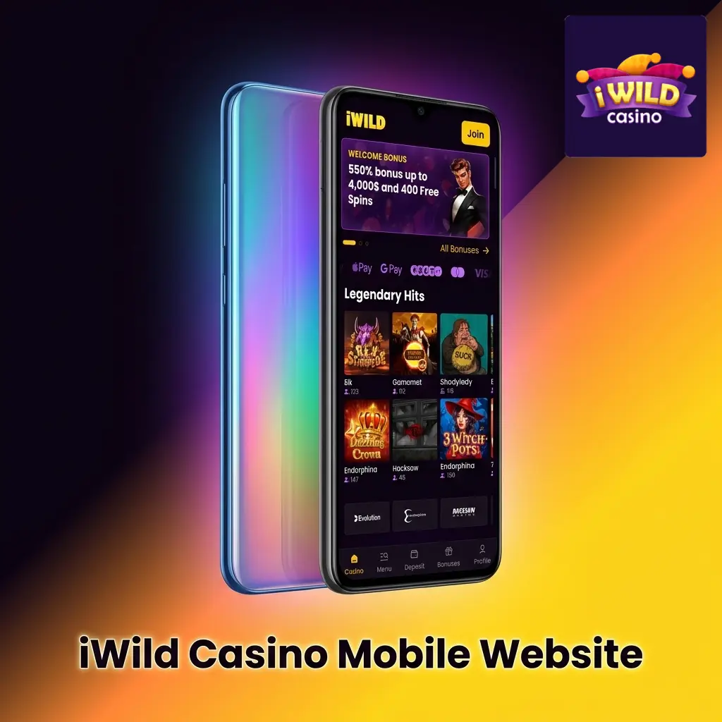 iWild Casino mobile website interface displayed on a smartphone, accessible via browser with no download required for UK players